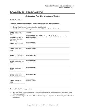 hst113 r2 B Reformation TimeLine and Journal