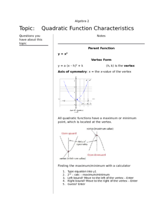 Notes   Quadratic Function Characteristics