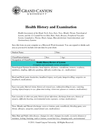  Health History and Examination Assignment Student 09 16 13