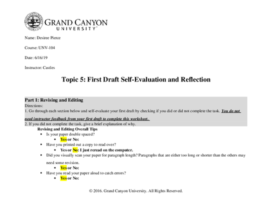 UNV 104 RS Topic 5  FirstDraftSelf EvaluationandReflection