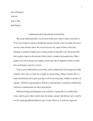 UNV103 Collaboration and communication journal entry
