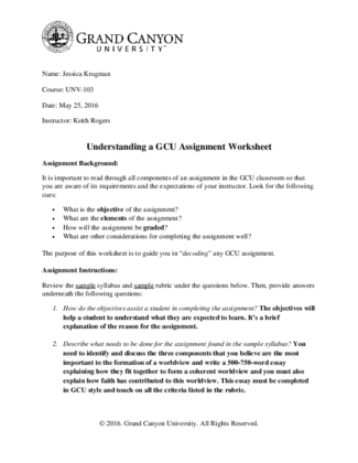 UNV103 T2 Understanding GCU Worksheet