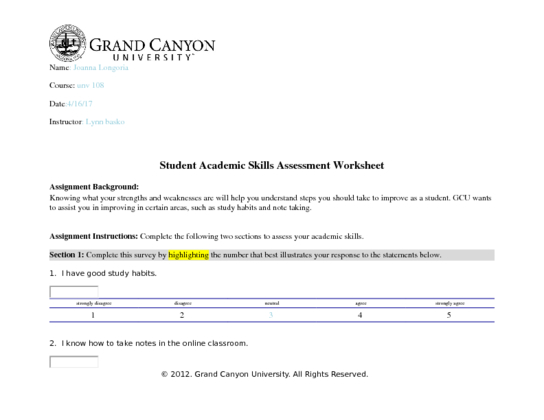 UNV108 T3 Student Skills Assessment Worksheet