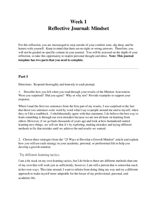 Week 1 Mindset Reflective Journal Template with response