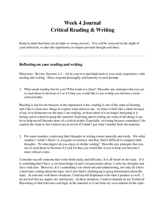 Week 4 Journal Critical Reading and Writing Answered