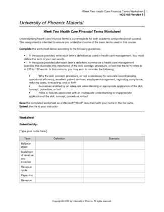 Week Two Health Care Financial Terms Worksheet