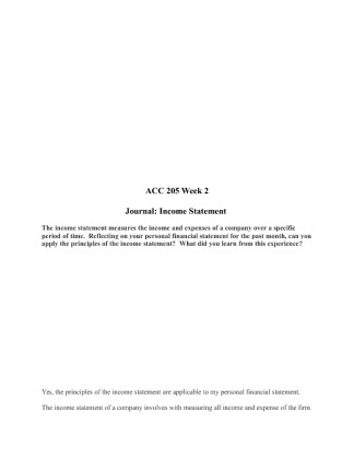 ACC 205 Week 2, Journal   Income Statement