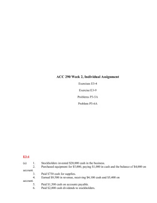 ACC 290 Week 2 Individual Assignment, Execises E3 4, E3 9, Problems P3...