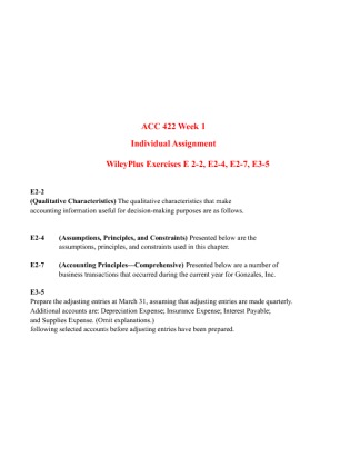 ACC 421 Week 1 Individual Assignment,WileyPlus (E2 2, E2 4, E 2 7, E3 5)