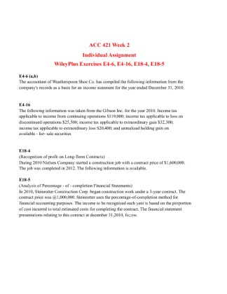 ACC 421 Week 2 Individual Assignment,Wiley Plus (E4 6  a b c, E4 16,...