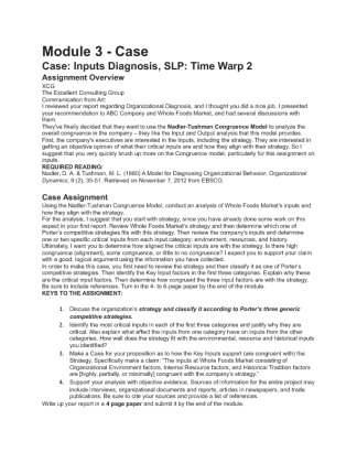 BUS 599 Module 3 Case Inputs Diagnosis Time Warp 2