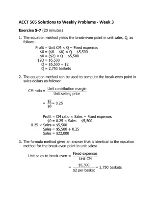 ACCT 505 Solutions to Weekly Practice Problems   Week 3
