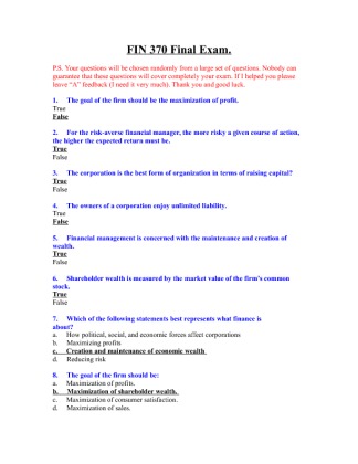 FIN 370 Final Exam (4th Set) 33 Questions with ANSWERS