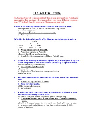 FIN 370 Final Exam (5th Set) 40 Questions with ANSWERS