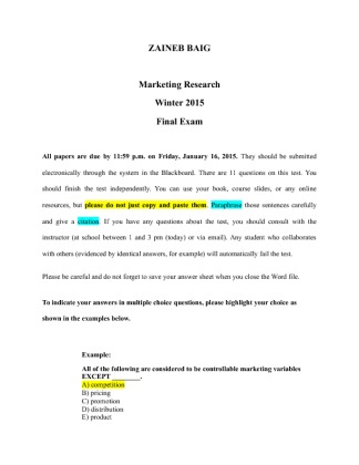 Final Exam Marketing Research