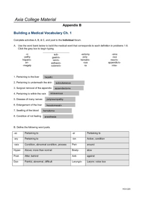 HCA220 Week 1 Building a Medical Vocabulary checkpoint (Appendix B)