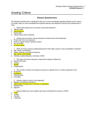 HCS 245 Week 1 Individual Assignment Disease Questionnaire