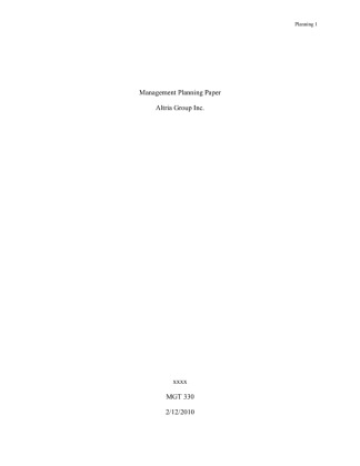 MGT 330 Week 3 Individual Assignment Management Planning Paper