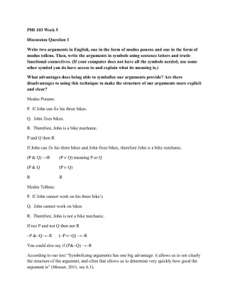 PHI 103 Week 5 Discussions Question 1 (Write two arguments in English)A...