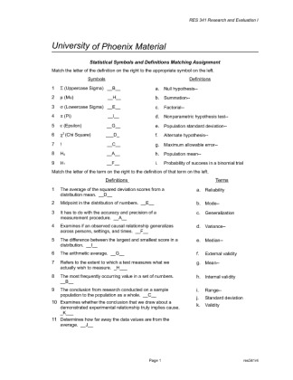 RES 341 Week 3 Statistical Symbols and Definitions Matching Assignment