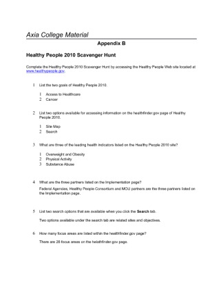 SCI 162 Wk 1 Assignment ; Healthy People 2010 Scavenger Hunt (AppendiX B)
