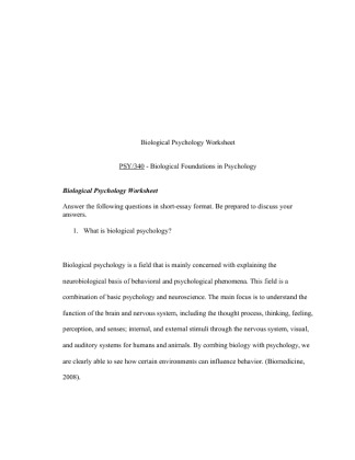 10 PSY 340 Week 1 Individual Brain Structures and Functions Worksheet