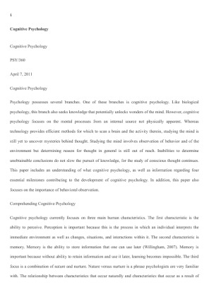 PSY 360 Week 1 Individual Assignment Cognitive Psychology Definition Paper