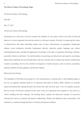 PSY 490 Week 1 Individual Assignment The Diverse Nature of Psychology Paper