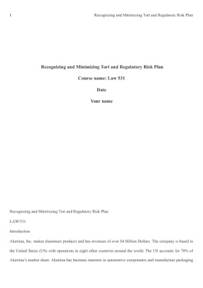 Law 531 Recognizing and Minimizing Tort and Regulatory Risk Plan
