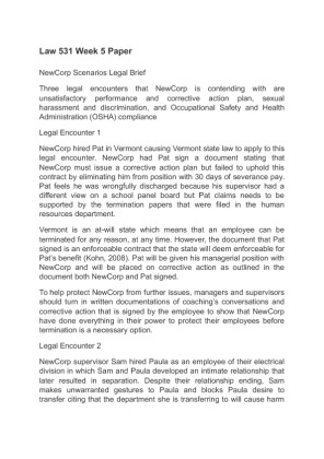 Law 531 Week 5 Paper NewCorp Scenarios Legal Brief