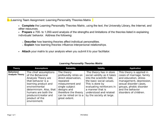 PSY 405 Week 5 Learning Team Assignment Learning Personality Theories...