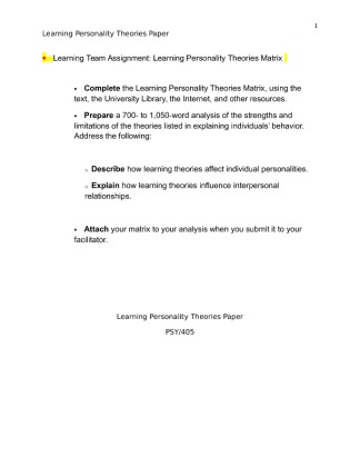 PSY 405 Week 5 Learning Team Assignment Learning Personality Theories Paper