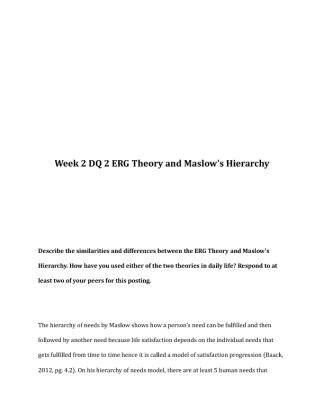 BUS 610 Week 2 DQ 2 ERG Theory and Maslow's Hierarchy
