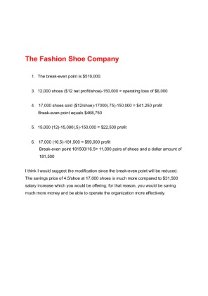 BUS 630 week 2 Assignment Basic CVP Analysis (Fashion Shoe Company)
