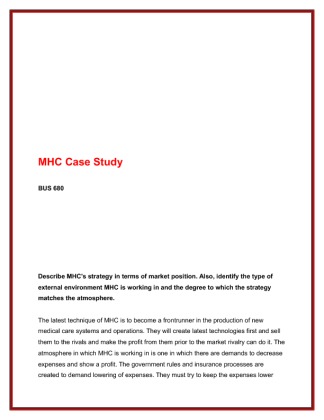 BUS 680 Week 1 MHC Case Study