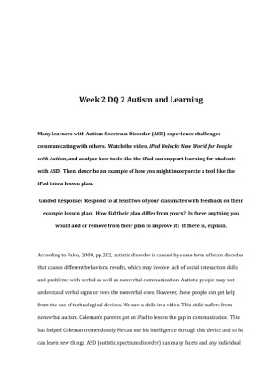 EDU 620 Week 2 DQ 2 Autism and Learning