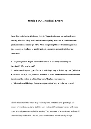 HCA 375 Week 4 DQ 1 Medical Errors