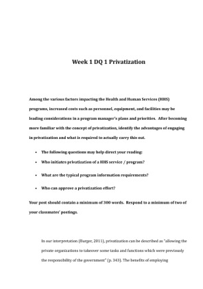 HHS 497 Week 1 DQ 1 Privatization