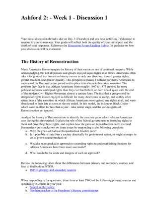 HIS 204 Week 1 DQ 1 The History of Reconstruction