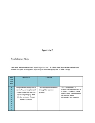 PSY 201 Week 8 Assignment Psychotherapy Matrix
