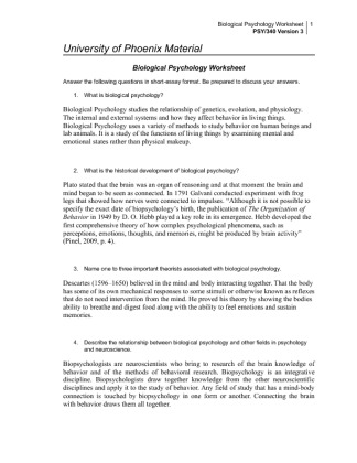PSY 340 Week 1 Individual Assignment Biological Psychology Worksheet