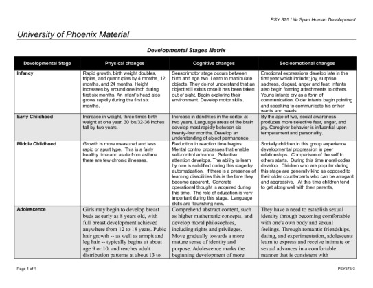 PSY 375 week 5 Learning Team Assignment Developmental Stages Matrix