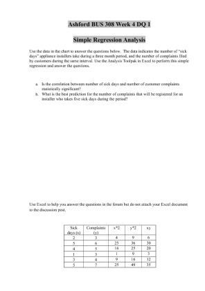 BUS 308 Week 4 DQ 1 Simple Regression Analysis ASHFORD