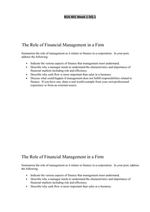 BUS 401 Week 1 DQ 1 (The Role of Financial Management in a Firm)
