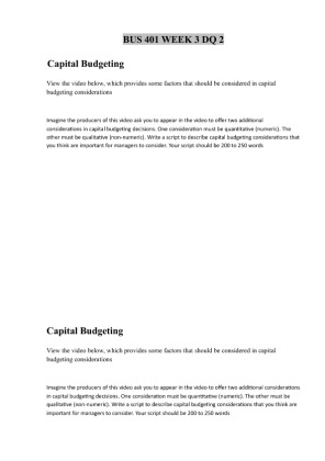 BUS 401 Week 3 DQ 2 Capital Budgeting