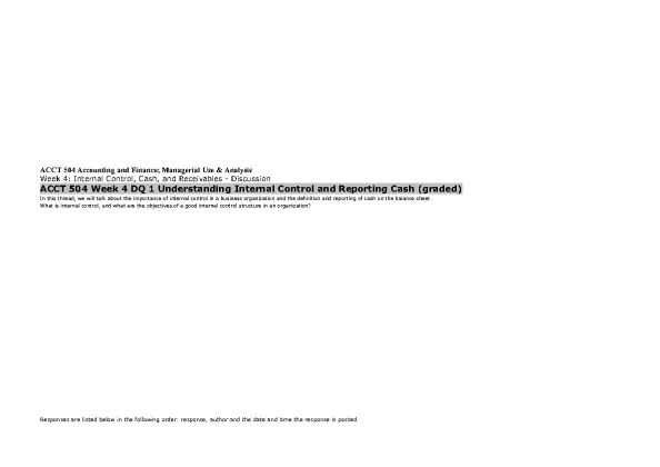 ACCT 504 Week 4 DQ 1 Understanding Internal Control and Reporting Cash