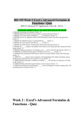 BIS 155 Week 2 Excel s Advanced Formulas & Functions   Quiz