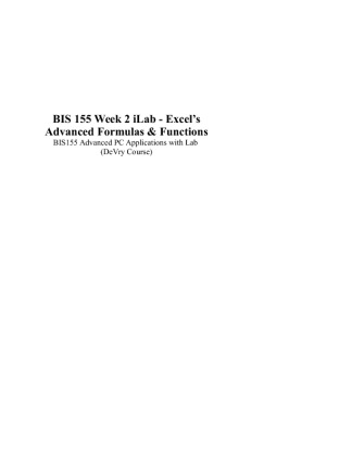BIS 155 Week 2 iLab (Excel s Advanced Formulas & Functions)