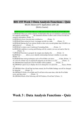 BIS 155 Week 3 Data Analysis Functions   Quiz