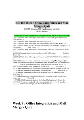 BIS 155 Week 4 Office Integration and Mail Merge   Quiz